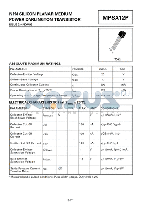 MPSA12P datasheet - NPN SILICON PLANAR MEDIUM POWER DARLINGTON TRANSISTOR