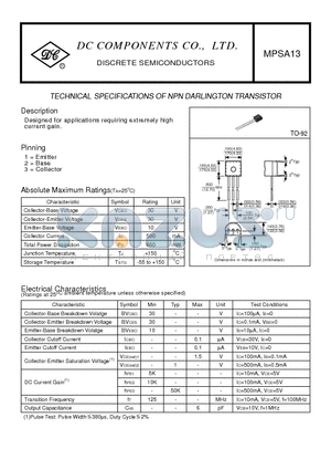 MPSA13 datasheet - TECHNICAL SPECIFICATIONS OF NPN DARLINGTON TRANSISTOR