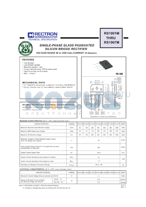 RS1001M_10 datasheet - SINGLE-PHASE GLASS PASSIVATED SILICON BRIDGE RECTIFIER  VOLTAGE RANGE 50 to 1000 Volts CURRENT 10 Amperes