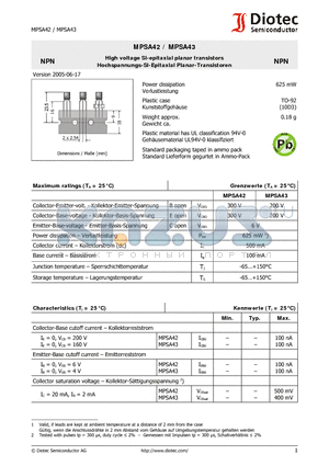 MPSA42 datasheet - High voltage Si-epitaxial planar transistors