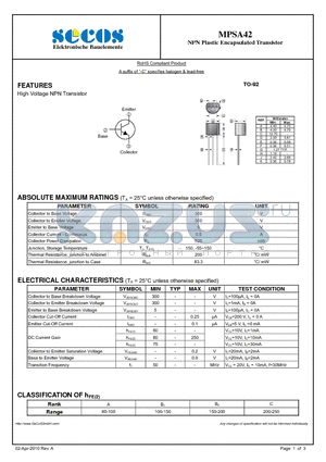 MPSA42 datasheet - NPN Plastic Encapsulated Transistor