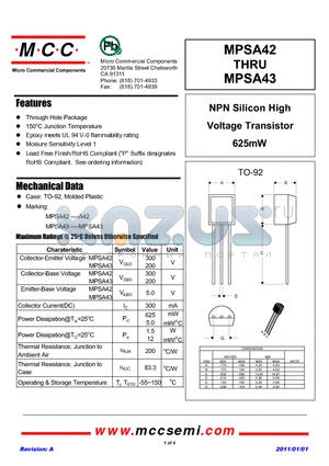 MPSA42 datasheet - NPN Silicon High Voltage Transistor 625mW