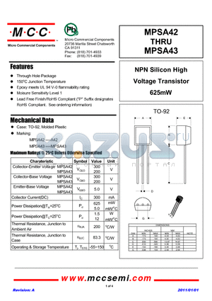 MPSA43 datasheet - NPN Silicon High Voltage Transistor 625mW