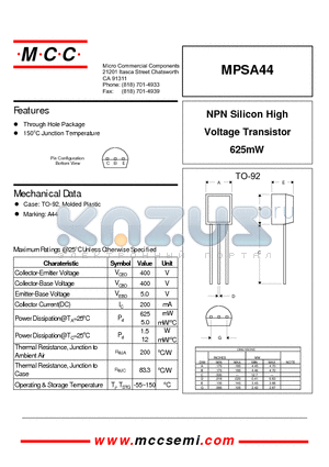 MPSA44 datasheet - NPN Silicon High Voltage Transistor 625mW
