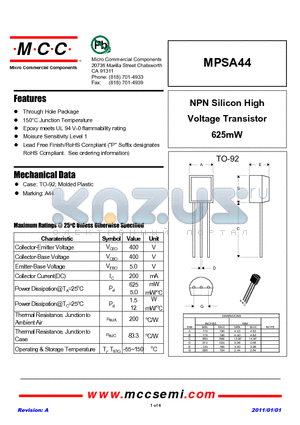 MPSA44 datasheet - NPN Silicon High Voltage Transistor 625mW