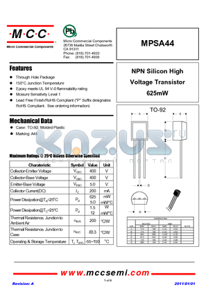 MPSA44_11 datasheet - NPN Silicon High Voltage Transistor 625mW