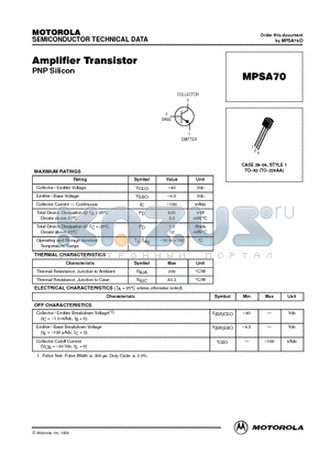 MPSA70 datasheet - Amplifier Transistor