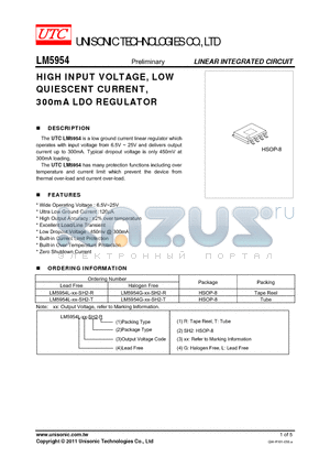 LM5954G-XX-SH2-R datasheet - HIGH INPUT VOLTAGE, LOW QUIESCENT CURRENT, 300mA LDO REGULATOR