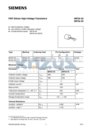 MPSA92 datasheet - PNP Silicon High-Voltage Transistors