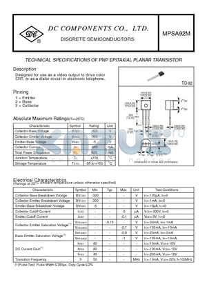 MPSA92M datasheet - TECHNICAL SPECIFICATIONS OF PNP EPITAXIAL PLANAR TRANSISTOR