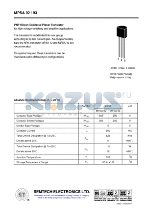 MPSA93 datasheet - PNP Silicon Expitaxial Planar Transistor