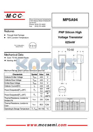 MPSA94 datasheet - PNP Silicon High Voltage Transistor 625mW