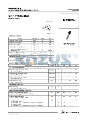 MPSH24 datasheet - VHF Transistor