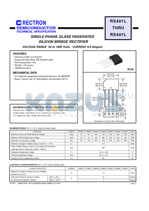 RS403L datasheet - SINGLE-PHASE GLASS PASSIVATED SILICON BRIDGE RECTIFIER (VOLTAGE RANGE 50 to 1000 Volts CURRENT 4.0 Ampere)