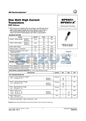 MPSW51 datasheet - One Watt High Current Transistors PNP Silicon