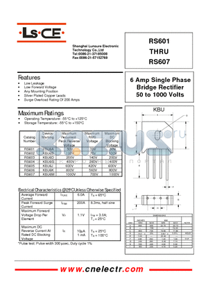 RS601 datasheet - 6Amp single phase bridge rectifier 50to1000 volts