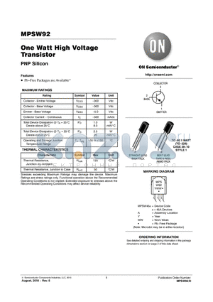 MPSW92RLREG datasheet - One Watt High Voltage Transistor