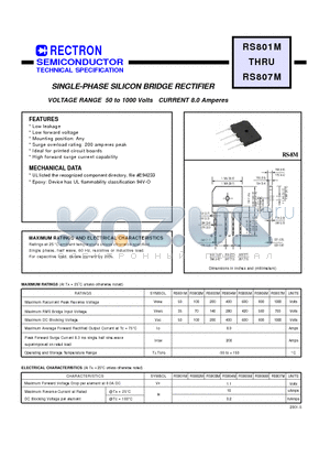 RS801M datasheet - SINGLE-PHASE SILICON BRIDGE RECTIFIER (VOLTAGE RANGE 50 to 1000 Volts CURRENT 8.0 Amperes)