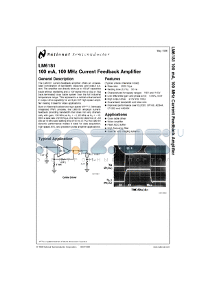 LM6181AIM-8 datasheet - 100 mA, 100 MHz Current Feedback Amplifier