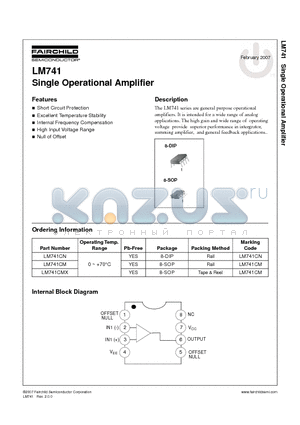 LM741 datasheet - Single Operational Amplifier