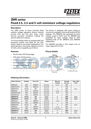 ZMR50HFTA datasheet - Fixed 2.5, 3.3 and 5 volt miniature voltage regulators