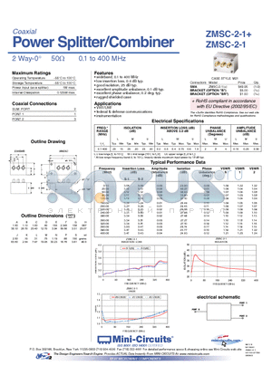 ZMSC-2-1 datasheet - Power Splitter/Combiner 2 Way-0 50Y 0.1 to 400 MHz