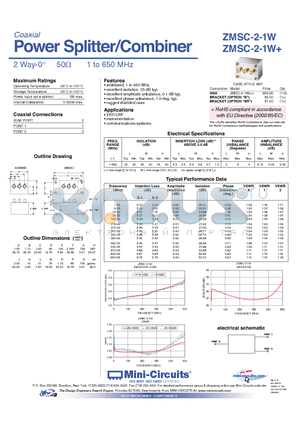 ZMSC-2-1W datasheet - Power Splitter/Combiner 2 Way-0 50Y 1 to 650 MHz