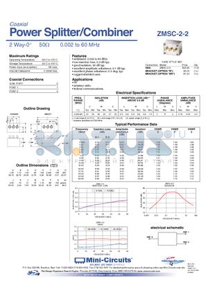 ZMSC-2-2 datasheet - Power Splitter/Combiner 2 Way-0 50Y 0.002 to 60 MHz