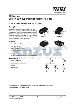 ZMV829 datasheet - Silicon 25V hyperabrupt varactor diodes