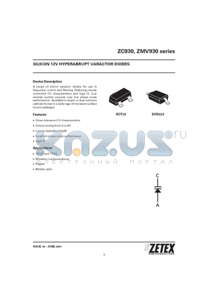 ZMV930 datasheet - SILICON 12V HYPERABRUPT VARACTOR DIODES