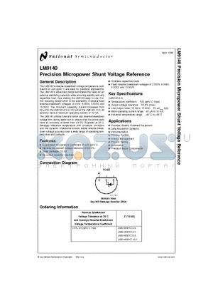 LM9140BYZ-10.0 datasheet - Precision Micropower Shunt Voltage Reference