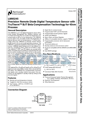 LM95245 datasheet - Precision Remote Diode Digital Temperature Sensor with TruTherm BJT Beta Compensation Technology for 45nm Process