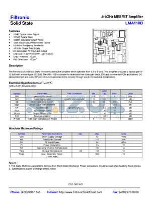 LMA110B datasheet - .5-8GHz MESFET Amplifier