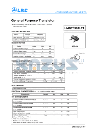 LMBT3904LT1G datasheet - General Purpose Transistor