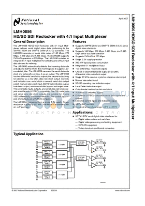 LMH0056 datasheet - HD/SD SDI Reclocker with 4:1 Input Multiplexer
