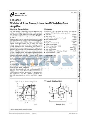 LMH6502MAX datasheet - Wideband, Low Power, Linear-in-dB Variable Gain Amplifier