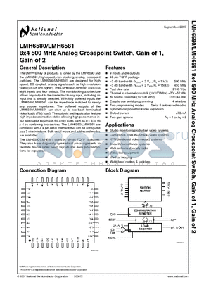 LMH6580 datasheet - 8x4 500MHz Analog Crosspoint Switch, Gain of 1, Gain of 2