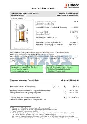 ZMY1G datasheet - Surface mount Silicon-Zener Diodes (planar technology)