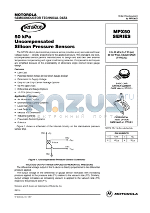 MPX50GS datasheet - 0 to 50 kPa (0-7.25 psi) 60 mV FULL SCALE SPAN (TYPICAL)