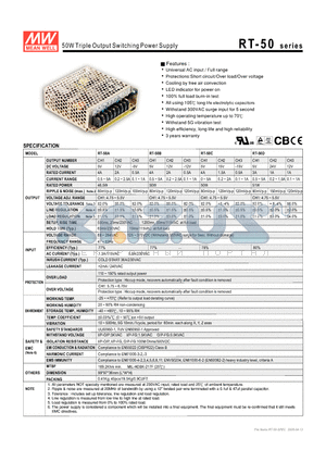 RT-50A datasheet - 50W Triple Output Switching Power Supply