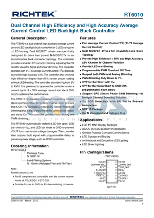 RT6010 datasheet - Dual Channel High Efficiency and High Accuracy Average Current Control LED Backlight Buck Controller