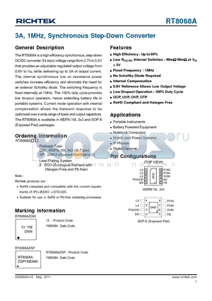 RT8068A datasheet - 3A, 1MHz, Synchronous Step-Down Converter