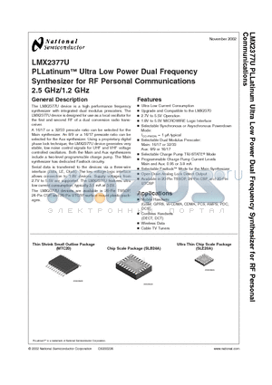 LMX2377USLBX datasheet - PLLatinum Ultra Low Power Dual Frequency Synthesizer for RF Personal Communications