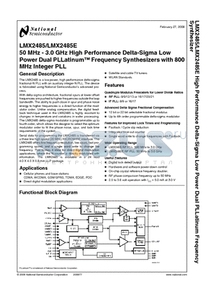 LMX2485 datasheet - 50 MHz - 3.0 GHz High Performance Delta-Sigma Low Power Dual PLLatinum Frequency Synthesizers with 800MHz Integer PLL