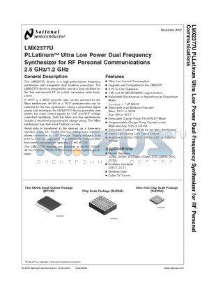 LMX2377USLEX datasheet - PLLatinum Ultra Low Power Dual Frequency Synthesizer for RF Personal Communications