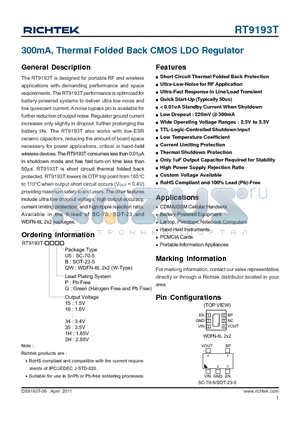 RT9193T datasheet - 300mA, Thermal Folded Back CMOS LDO Regulator