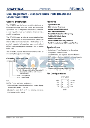 RT9204AGS datasheet - Dual Regulators - Standard Buck PWM DC-DC and Linear Controller