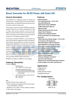 RT9287A-FQPQW datasheet - Boost Converter for WLED Power with Dual LDO