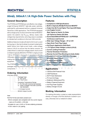 RT9702AGJ5 datasheet - 80mY, 500mA/1.1A High-Side Power Switches with Flag