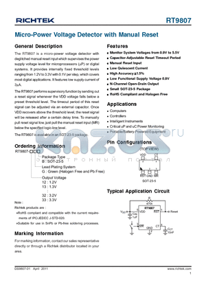 RT9807 datasheet - Micro-Power Voltage Detector with Manual Reset